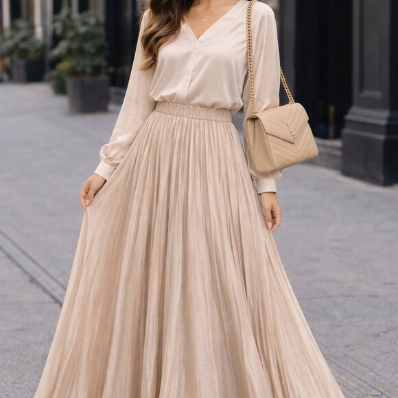 Vici Dresses & Skirts - NWT VICI Full Pleated Maxi Skirt Ivory Satin Sheen, Elegant Neutral Flowy, Large